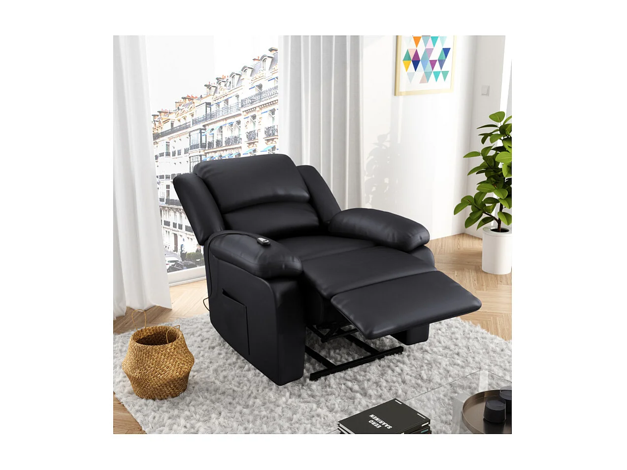 Fauteuil de Relaxation Releveur électrique 1 place en Simili Léo - Noir - L88 x 93 x 96cm - Loungitude