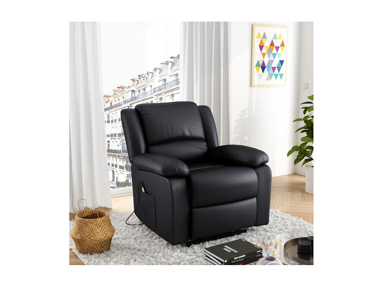 Fauteuil de Relaxation Releveur électrique 1 place en Simili Léo - Noir - L88 x 93 x 96cm - Loungitude