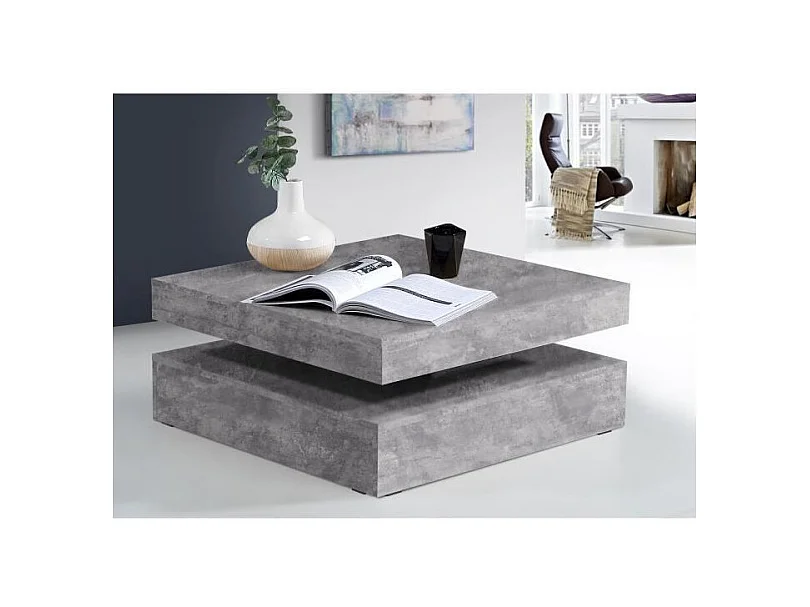 Table basse carrée pivotante - Panneau de particules - Décor béton gris clair - Classique - L 78 x P 78 x H 35,4 cm - COFFEE