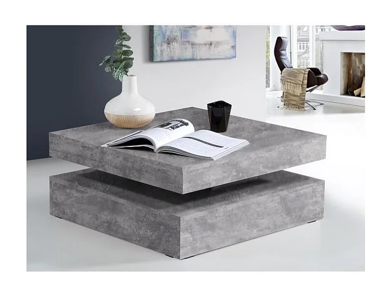 Table basse carrée pivotante - Panneau de particules - Décor béton gris clair - Classique - L 78 x P 78 x H 35,4 cm - COFFEE