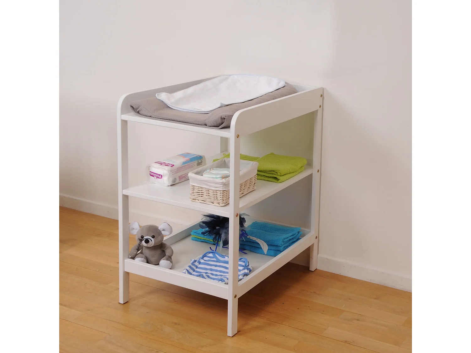 Table à langer en bois massif blanc avec 2 étagères de rangement LUDO