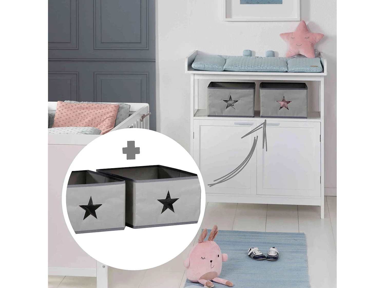 Meuble à langer bébé en bois blanc 2 portes + 2 boîtes de rangement Hamburg