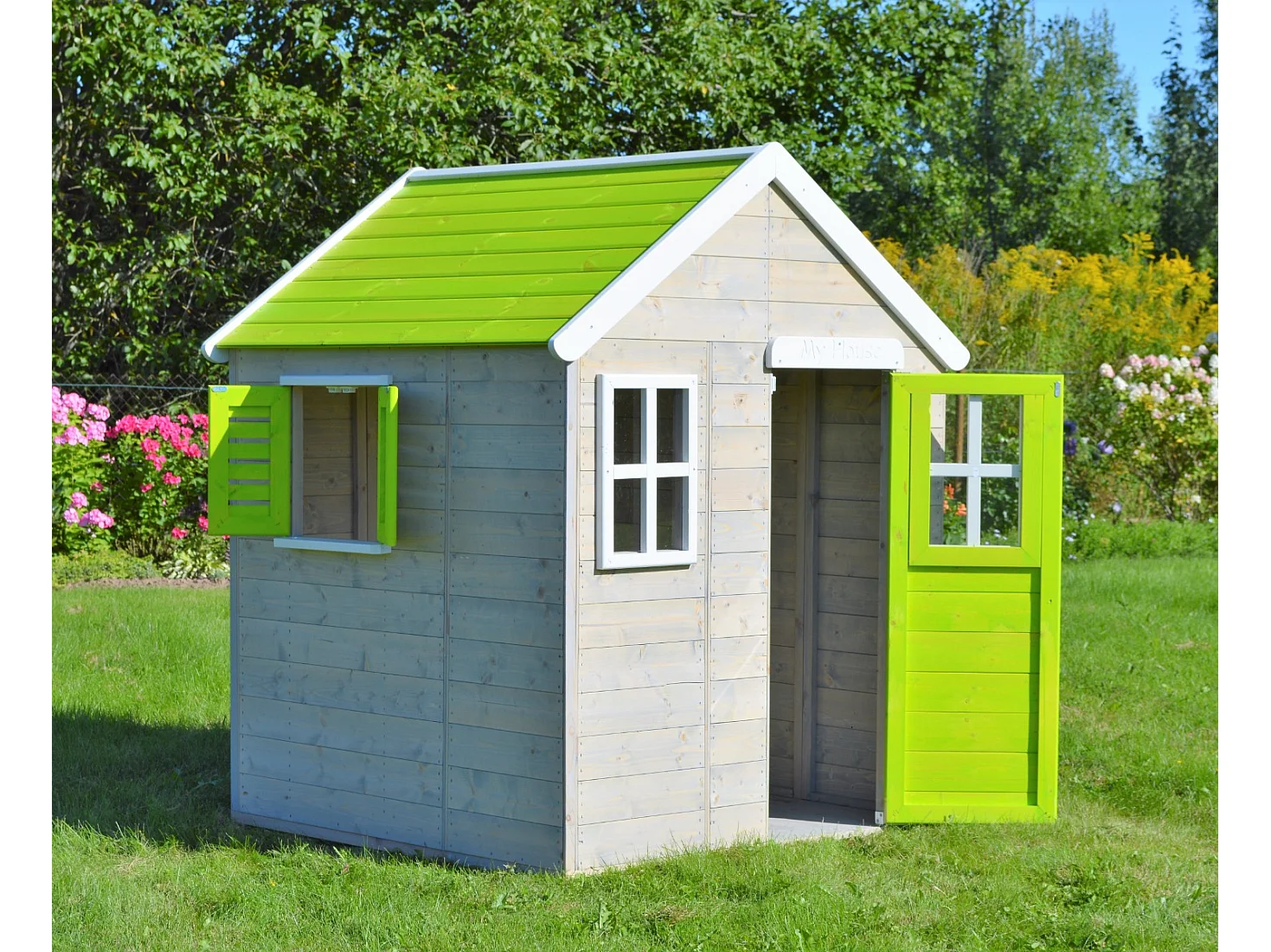 Kangui - Maison de jardin enfant extérieur - Cabane en Bois avec plancher - Toit étanche - Vert et Blanc