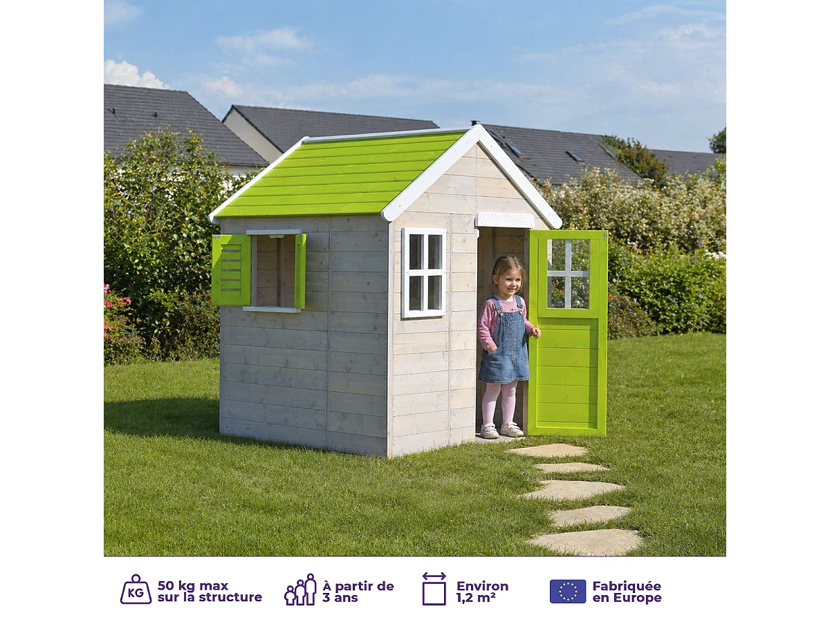 Kangui - Maison de jardin enfant extérieur - Cabane en Bois avec plancher - Toit étanche - Vert et Blanc