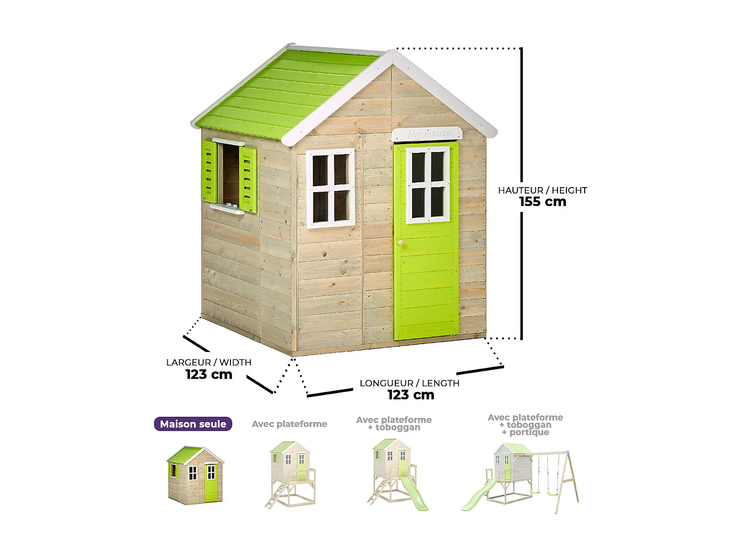 Kangui - Maison de jardin enfant extérieur - Cabane en Bois avec plancher - Toit étanche - Vert et Blanc