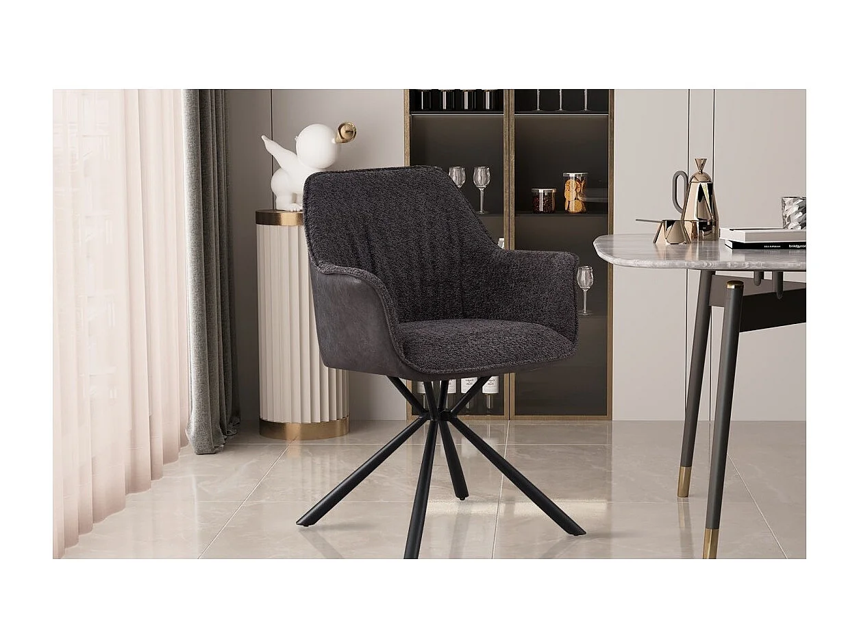 Chaise LUCIA – Bouclé Gris & Dos PU Gris clair – H82.5 × L62 × P63 cm – Style design