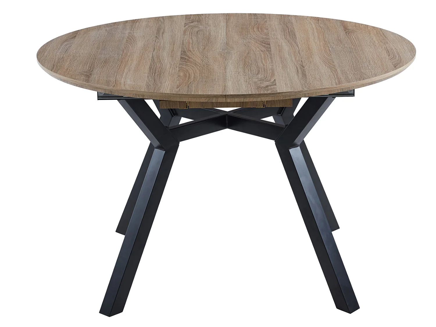 Table à manger ronde extensible en bois coloris chêne, pieds en métal noir