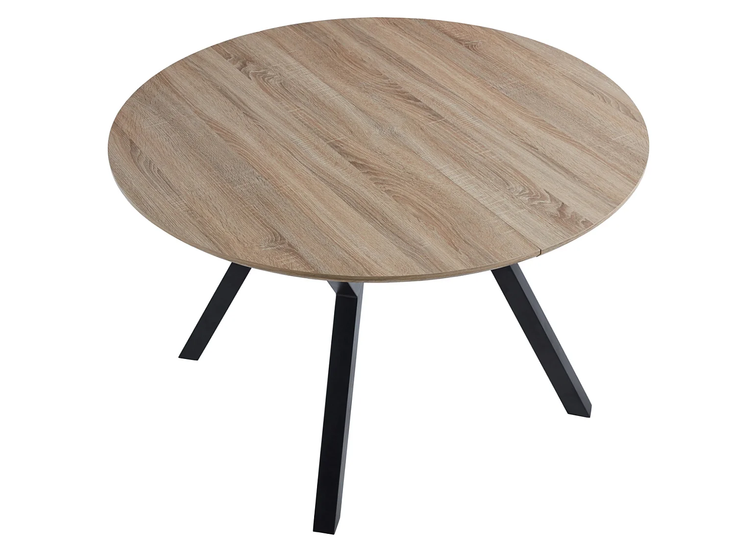 Table à manger ronde extensible en bois coloris chêne, pieds en métal noir