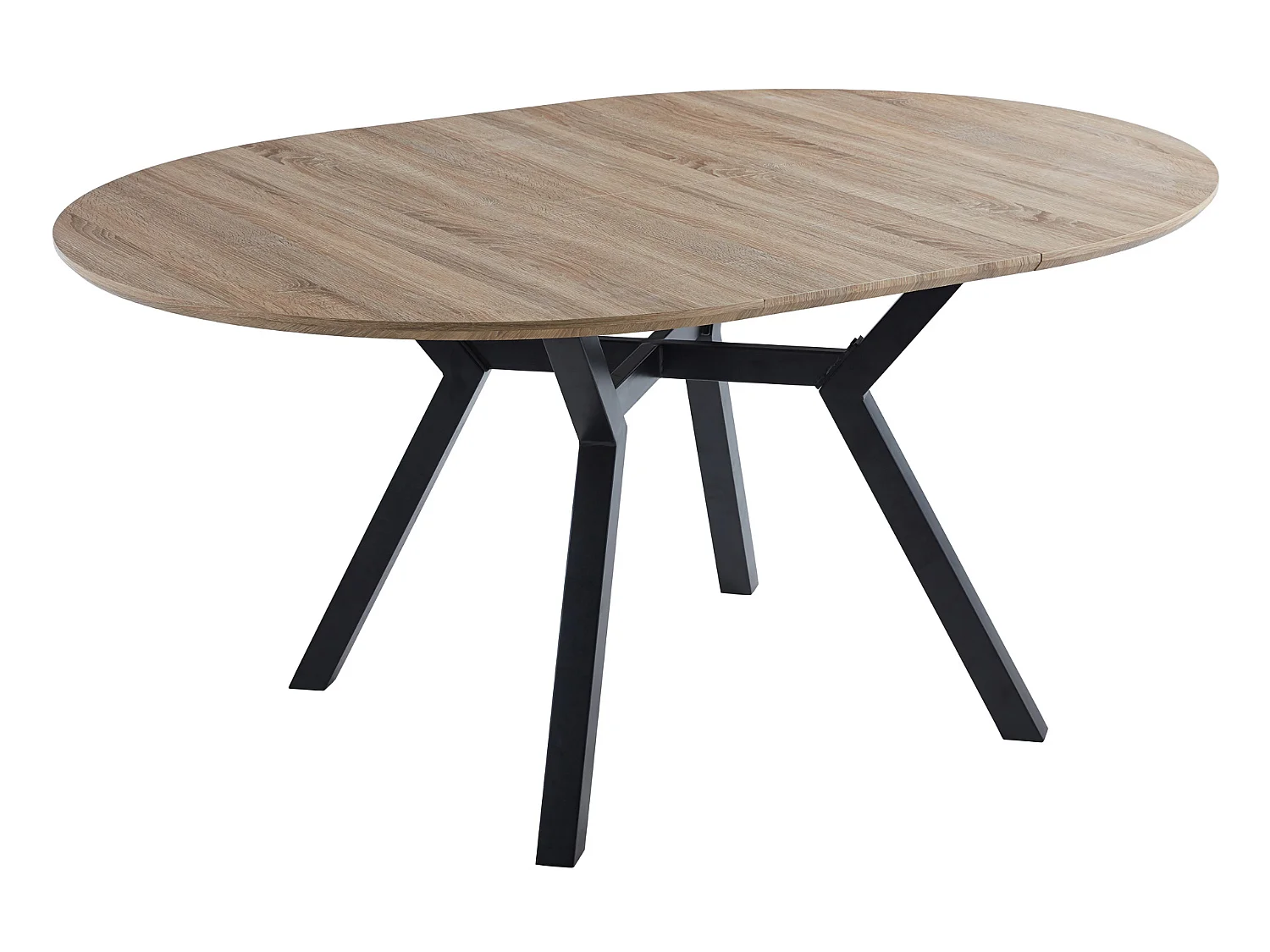 Table à manger ronde extensible en bois coloris chêne, pieds en métal noir