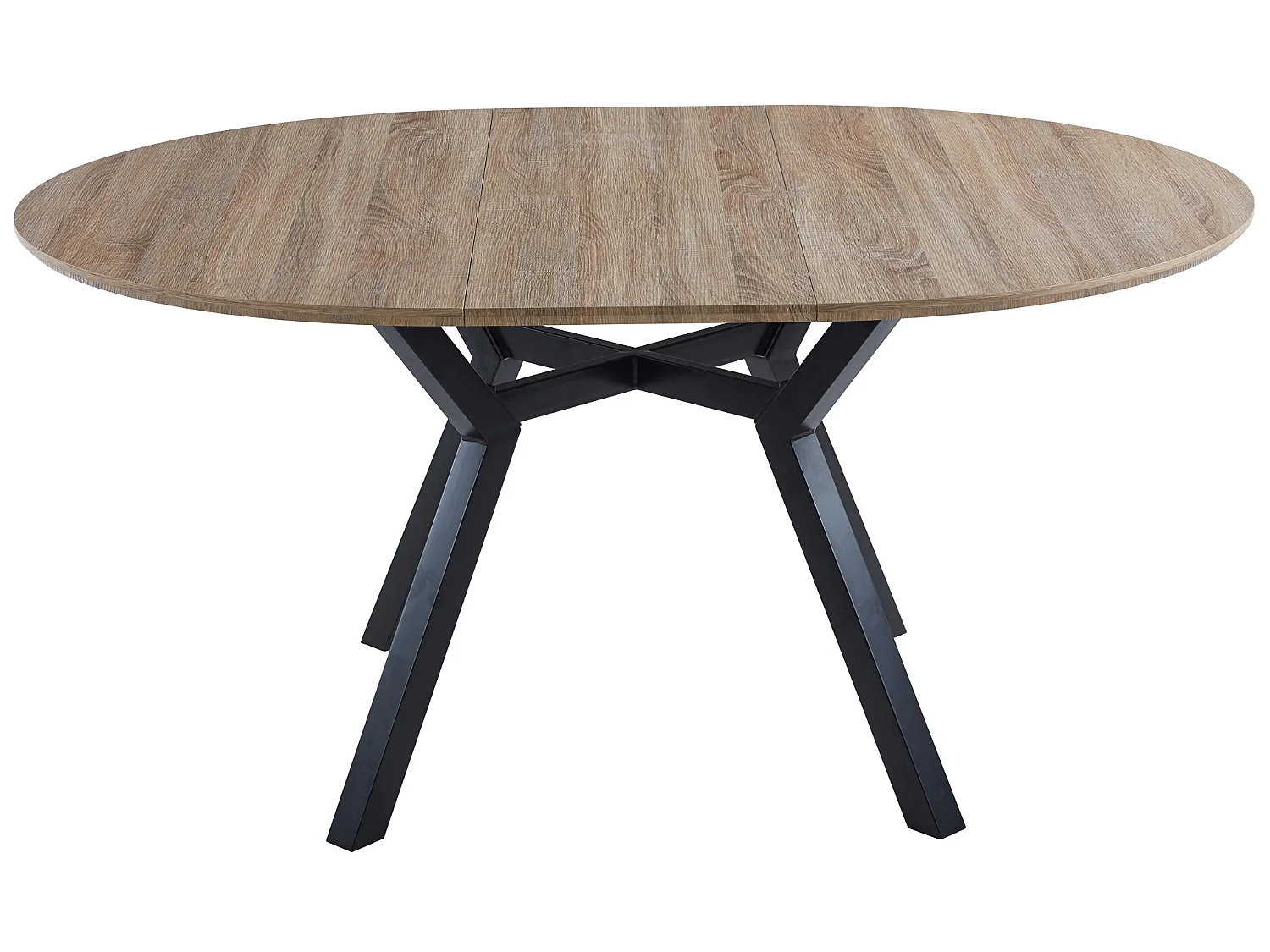Table à manger ronde extensible en bois coloris chêne, pieds en métal noir