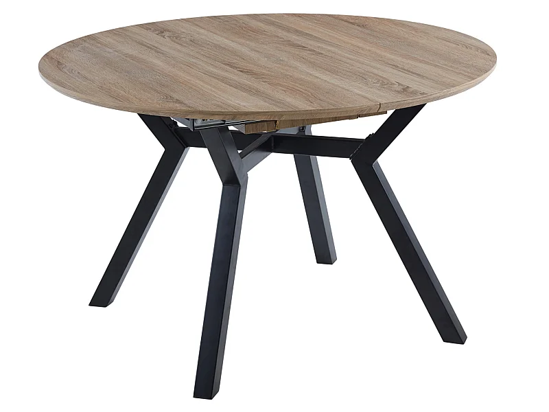 Table à manger ronde extensible en bois coloris chêne, pieds en métal noir
