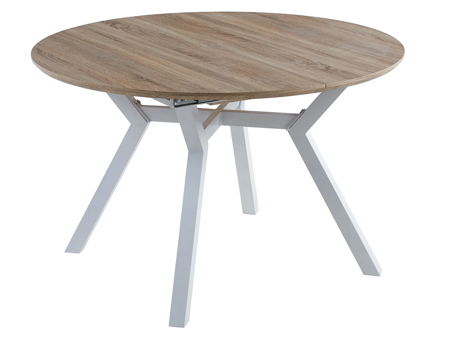 Table à manger ronde extensible en bois coloris chêne, pieds blanc