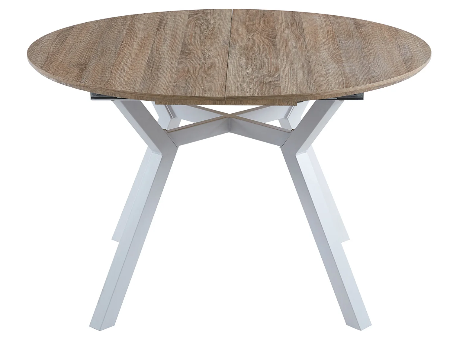 Table à manger ronde extensible en bois coloris chêne, pieds blanc