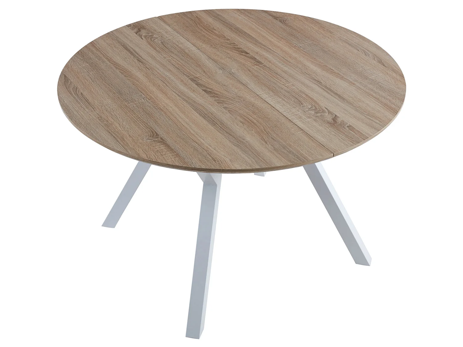 Table à manger ronde extensible en bois coloris chêne, pieds blanc