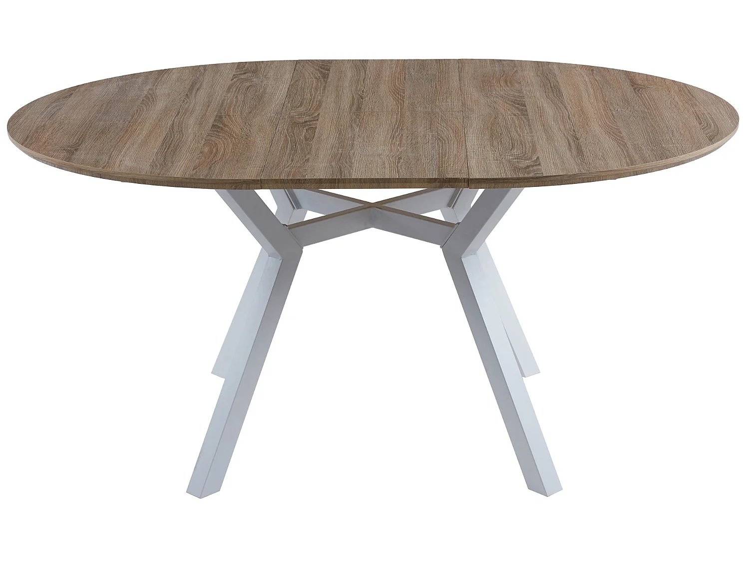 Table à manger ronde extensible en bois coloris chêne, pieds blanc