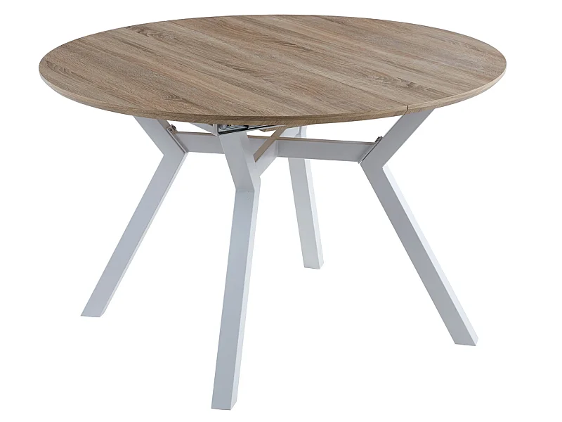 Table à manger ronde extensible en bois coloris chêne, pieds blanc