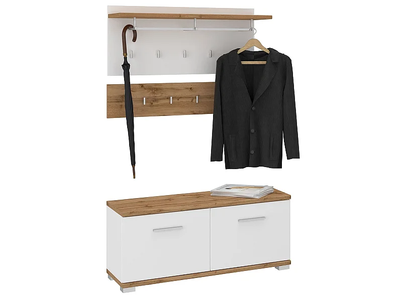 Ensemble banc de rangement à chaussures et porte manteau mural VIELLA en mélaminé couleur chêne wotan et blanc