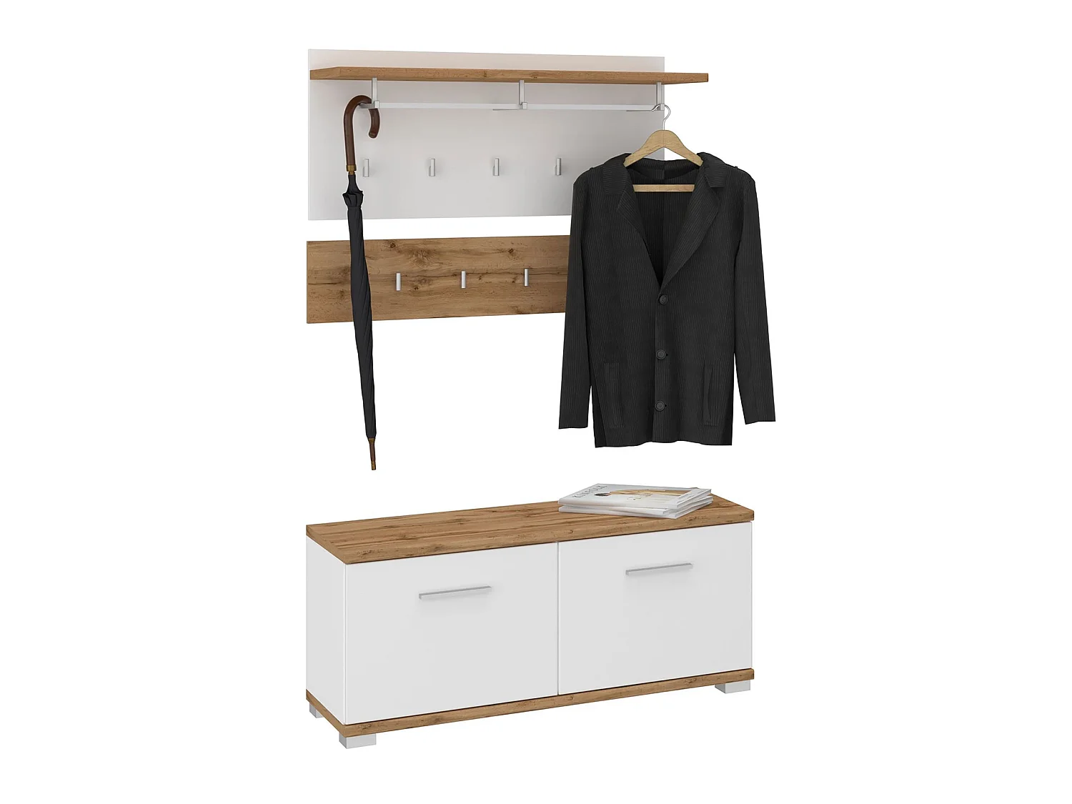 Ensemble banc de rangement à chaussures et porte manteau mural VIELLA en mélaminé couleur chêne wotan et blanc