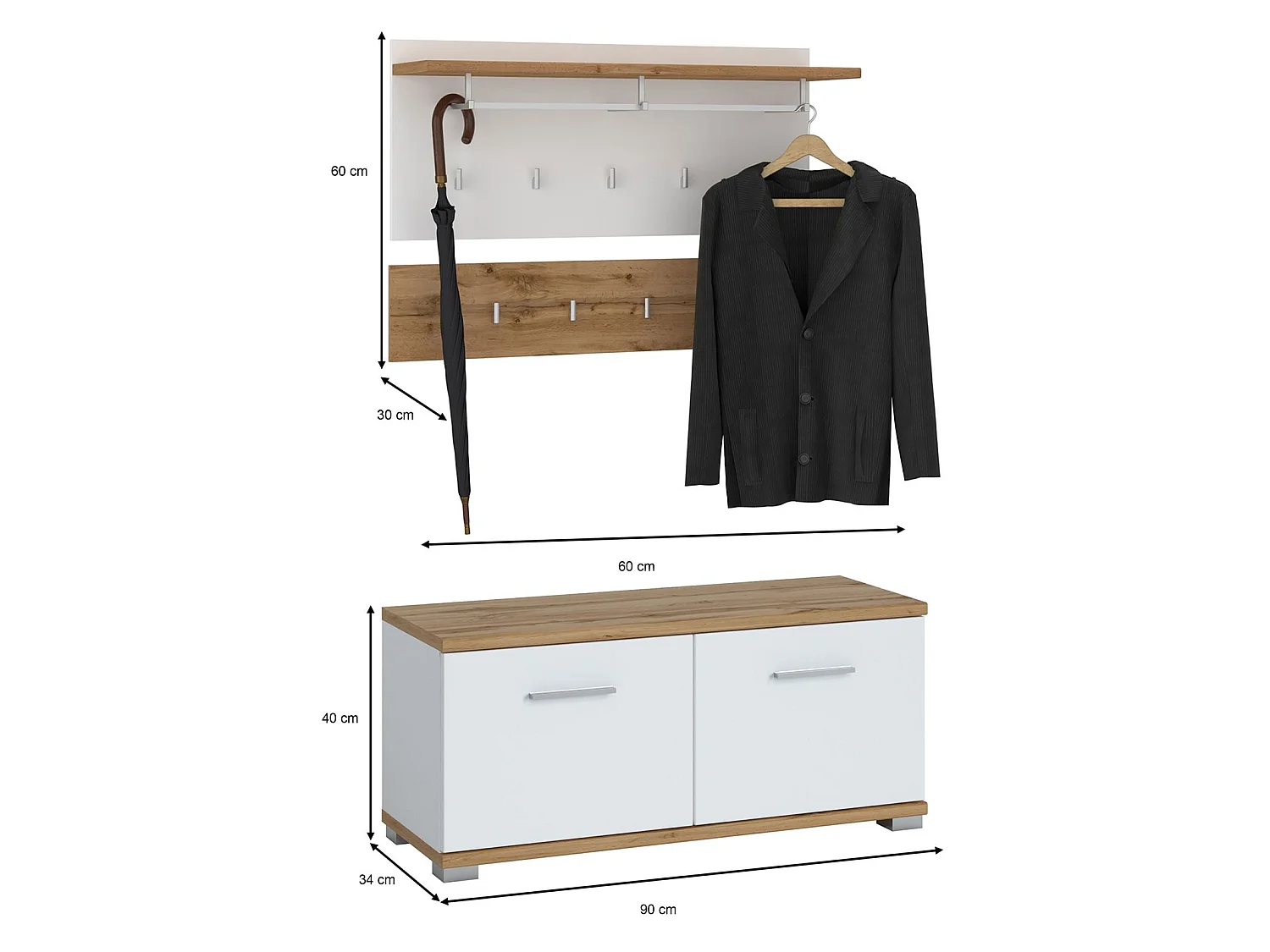 Ensemble banc de rangement à chaussures et porte manteau mural VIELLA en mélaminé couleur chêne wotan et blanc