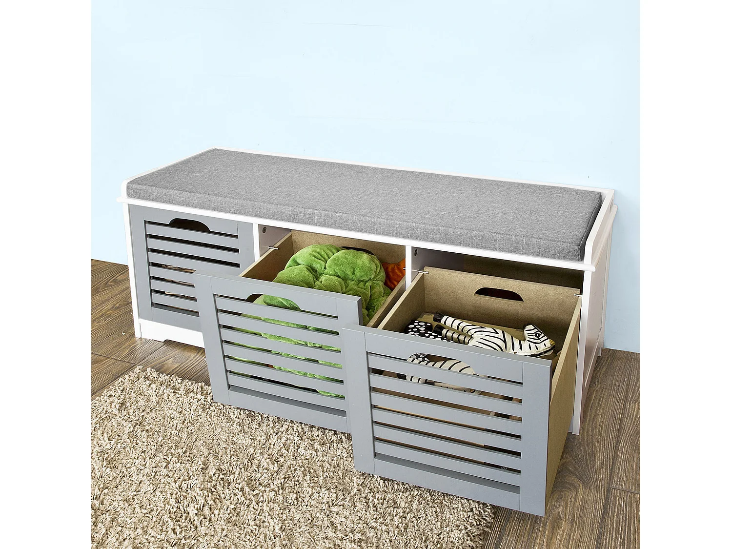 SoBuy  Scarpiera da ingresso Panchina con Cuscino e Cestini 3 Cestini Grigio FSR23-HG