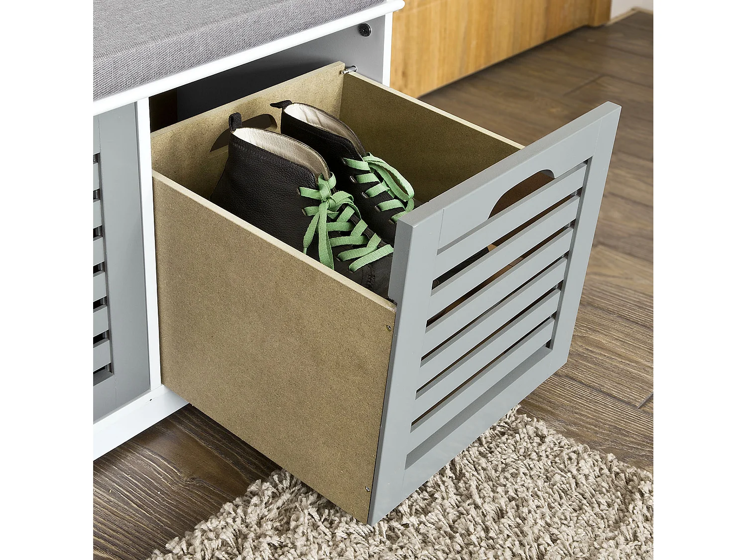 SoBuy  Scarpiera da ingresso Panchina con Cuscino e Cestini 3 Cestini Grigio FSR23-HG