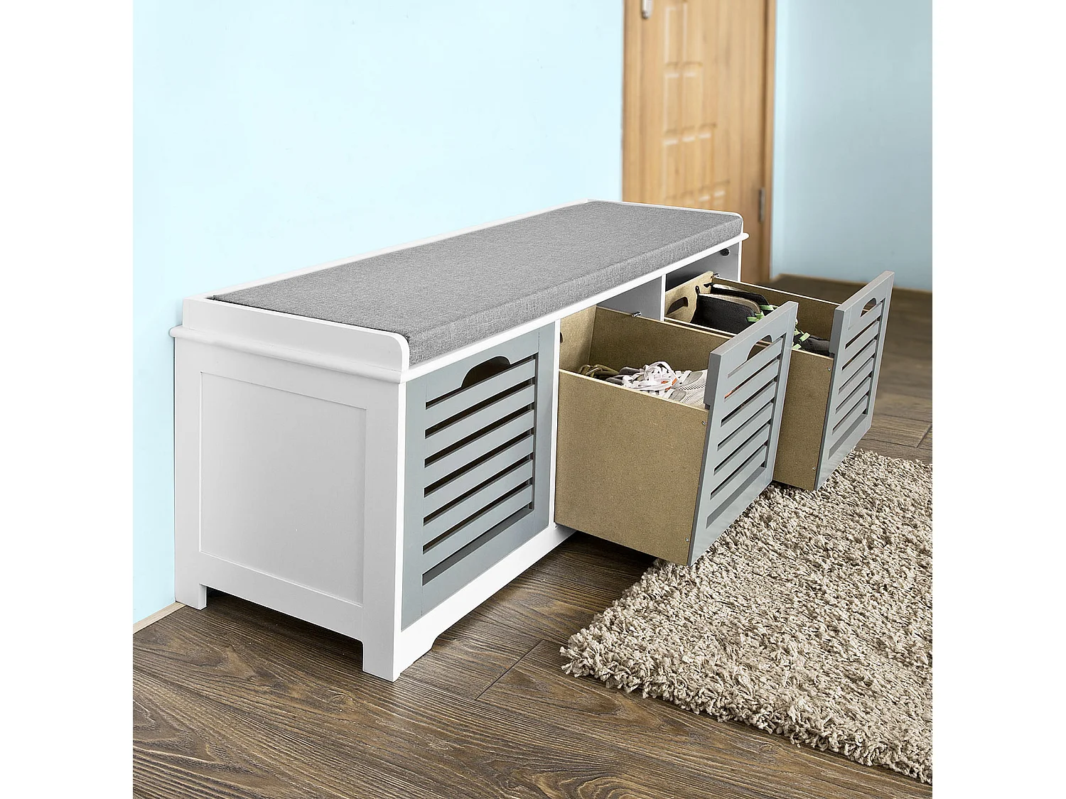 SoBuy  Scarpiera da ingresso Panchina con Cuscino e Cestini 3 Cestini Grigio FSR23-HG