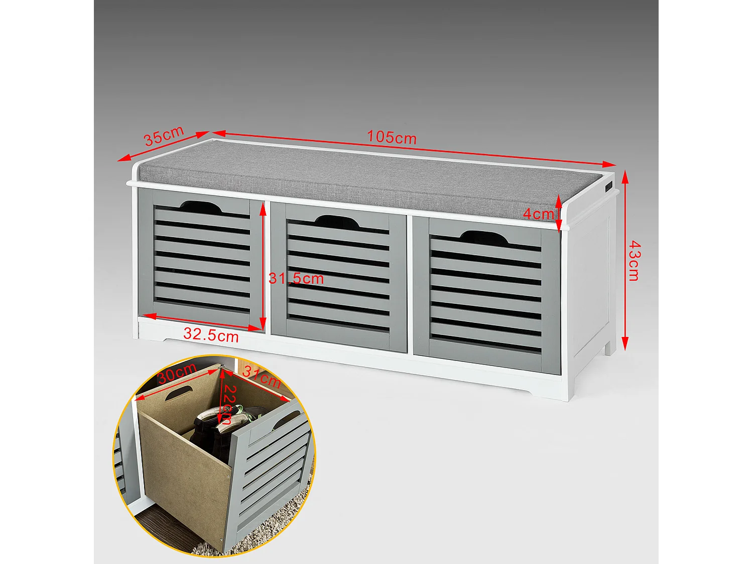 SoBuy  Scarpiera da ingresso Panchina con Cuscino e Cestini 3 Cestini Grigio FSR23-HG