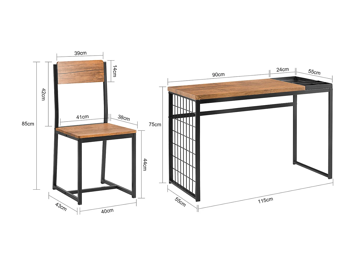 SoBuy FWT60-N Set de 1 Bureau + 1 Chaise Ensemble bureau et chaise Table de travail avec 2 tablettes amovibles Table à manger au Design Industriel