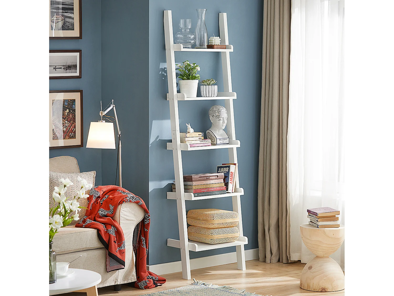 Moderna Estantería Escalera con Cinco Estantes Estante de Pared en Color Blanco, FRG17-W SoBuy ES