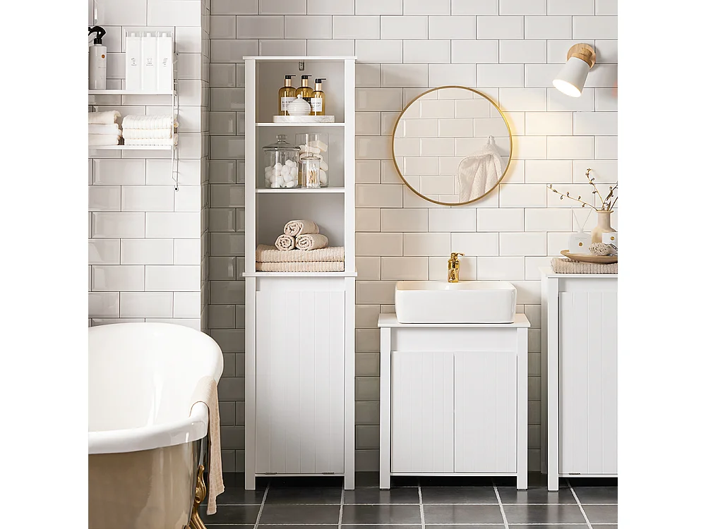 Armario Alto baño Mueble Columna de baño con 3 estantes y 1 cesto 45 x 35 x 171 cm Blanco BZR102-W SoBuy ES