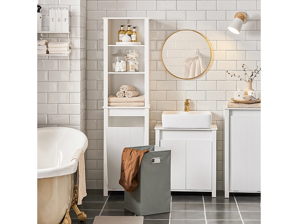 SoBuy BZR102-W Meuble Colonne de Salle de Bain, Armoire Haute, Colonne de Rangement, Meuble Salle de Bain, 3 Étagères, 1 Panier à Linge Amovible