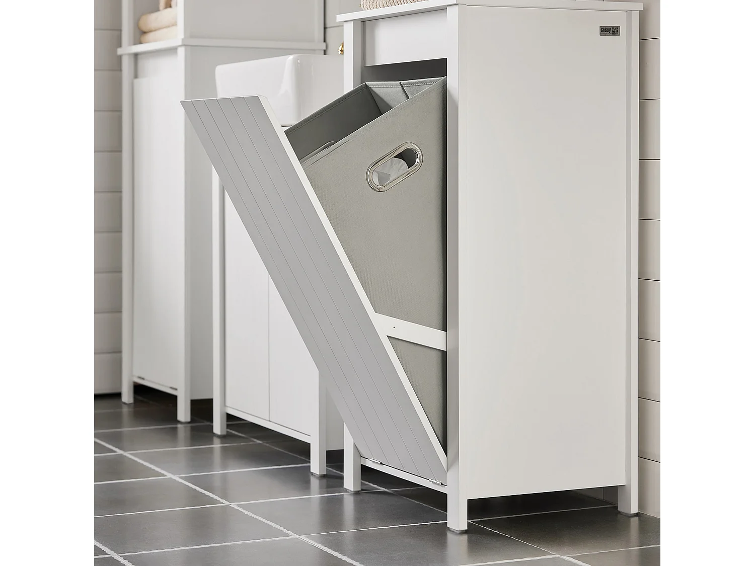 SoBuy BZR100-W Armoire à Linge, Corbeille à Linge, Meuble Bas de Salle de Bain, Meuble de Rangement avec 1 Panier à Linge Amovible, Blanc