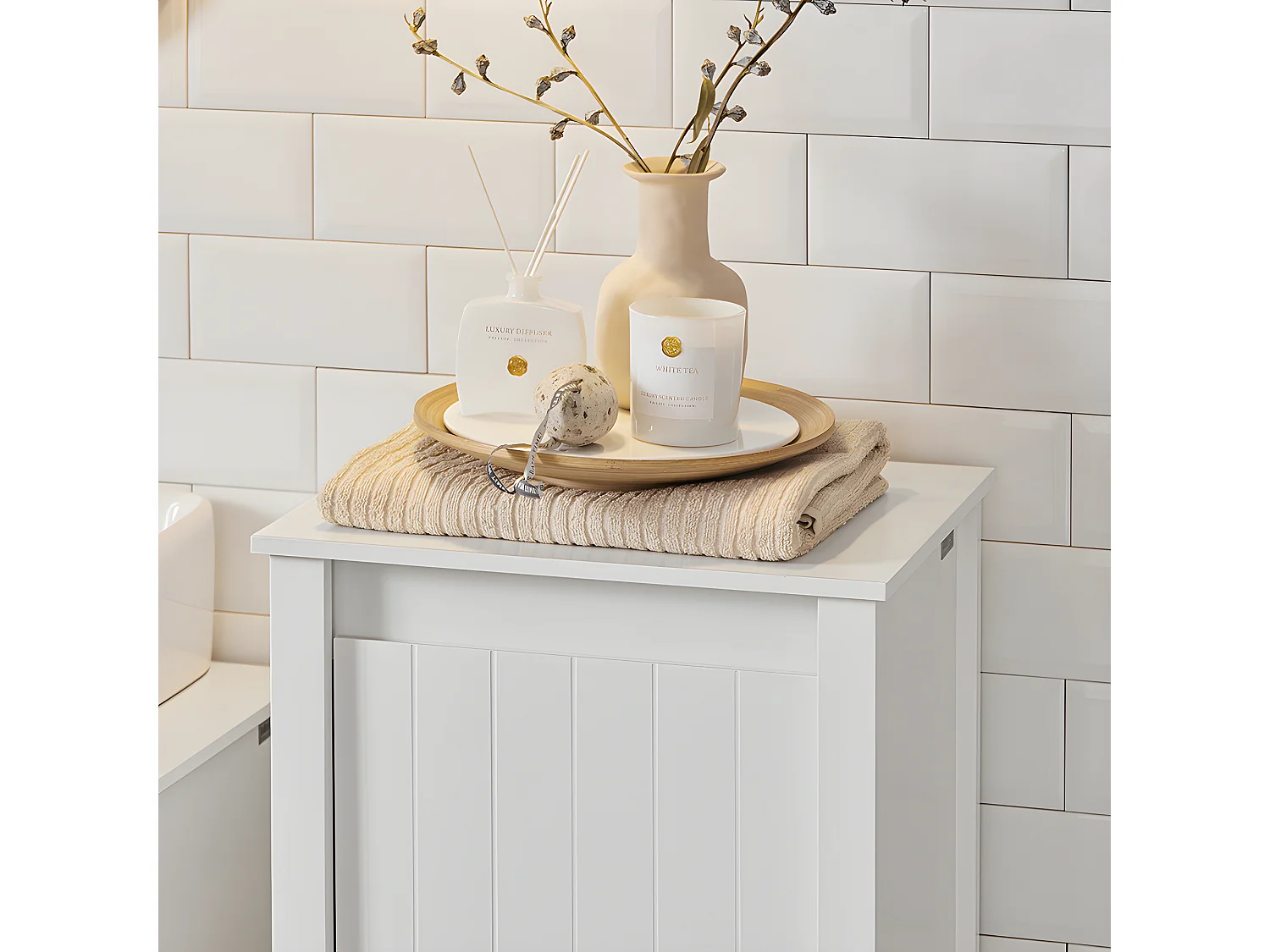 SoBuy BZR100-W Armoire à Linge, Corbeille à Linge, Meuble Bas de Salle de Bain, Meuble de Rangement avec 1 Panier à Linge Amovible, Blanc