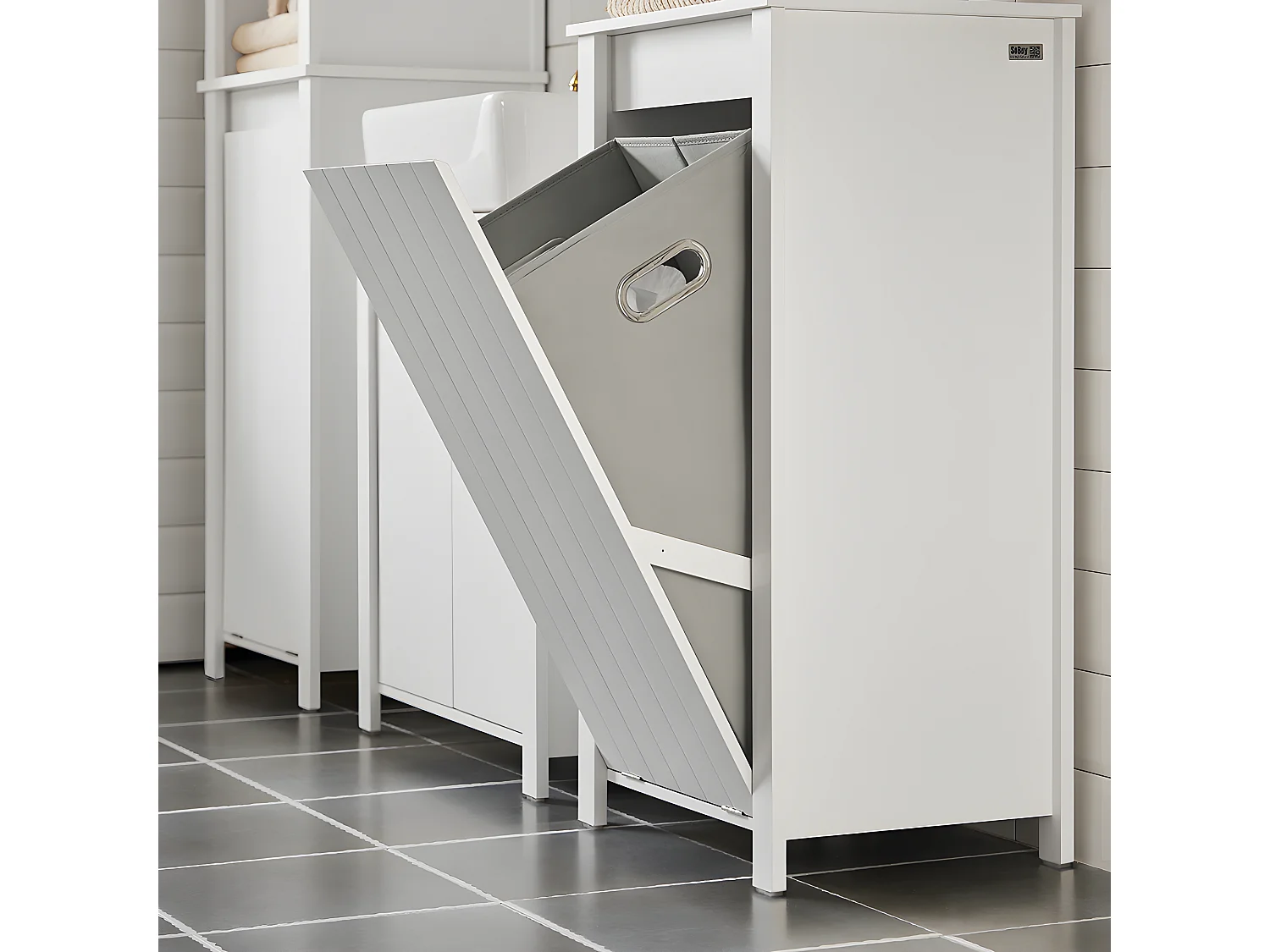 SoBuy BZR100-W Armoire à Linge, Corbeille à Linge, Meuble Bas de Salle de Bain, Meuble de Rangement avec 1 Panier à Linge Amovible, Blanc