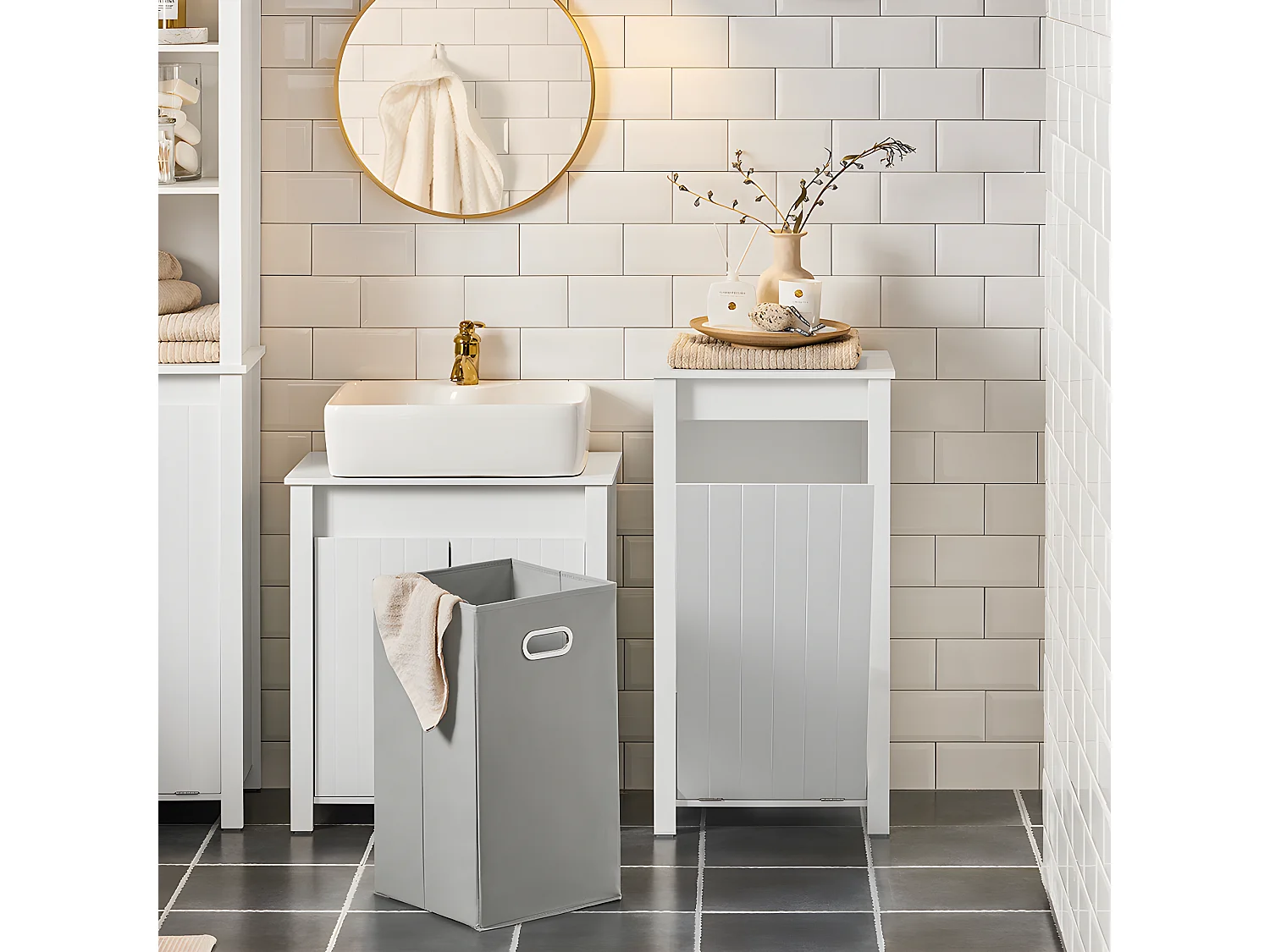SoBuy BZR100-W Armoire à Linge, Corbeille à Linge, Meuble Bas de Salle de Bain, Meuble de Rangement avec 1 Panier à Linge Amovible, Blanc