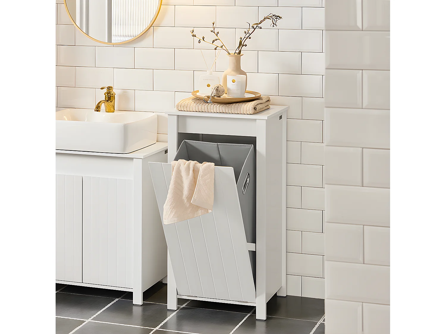 SoBuy BZR100-W Armoire à Linge, Corbeille à Linge, Meuble Bas de Salle de Bain, Meuble de Rangement avec 1 Panier à Linge Amovible, Blanc