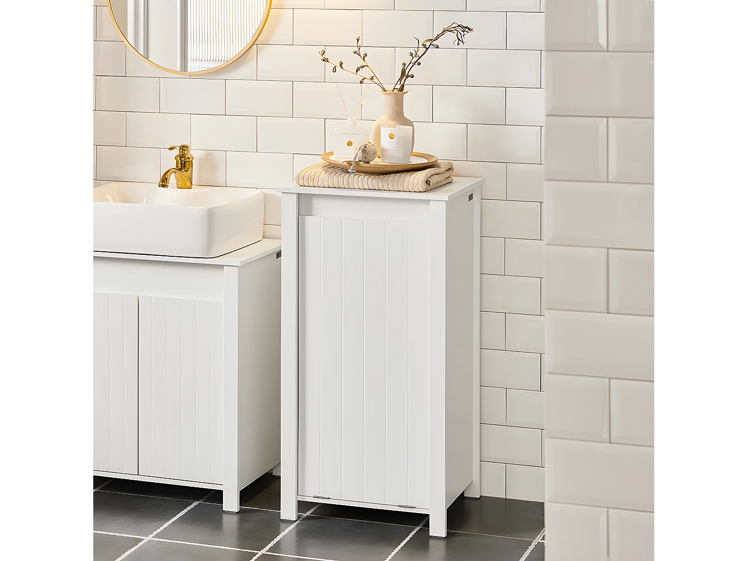 SoBuy BZR100-W Armoire à Linge, Corbeille à Linge, Meuble Bas de Salle de Bain, Meuble de Rangement avec 1 Panier à Linge Amovible, Blanc