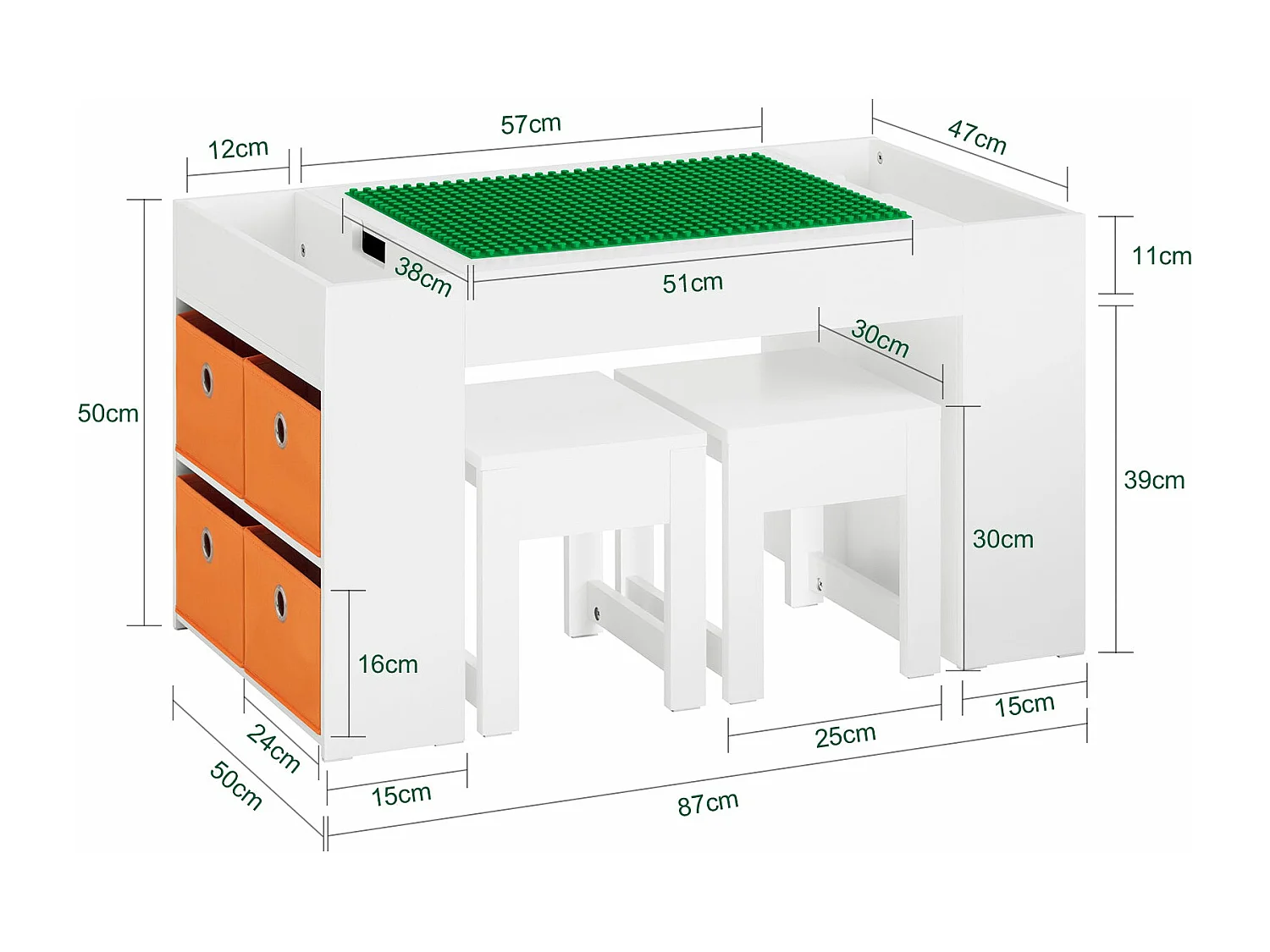 Juego de Mesa Infantil y 2 Sillas de Madera Organizador de Juguetes Multifuncional con 8 Cestas y 1 Compartimiento 87 x 50 x 50 cm KMB75-W SoBuy ES