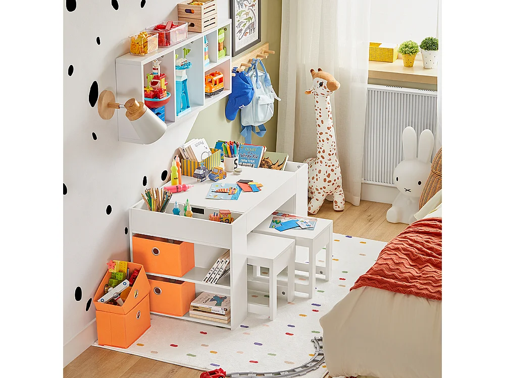 Juego de Mesa Infantil y 2 Sillas de Madera Organizador de Juguetes Multifuncional con 8 Cestas y 1 Compartimiento 87 x 50 x 50 cm KMB75-W SoBuy ES