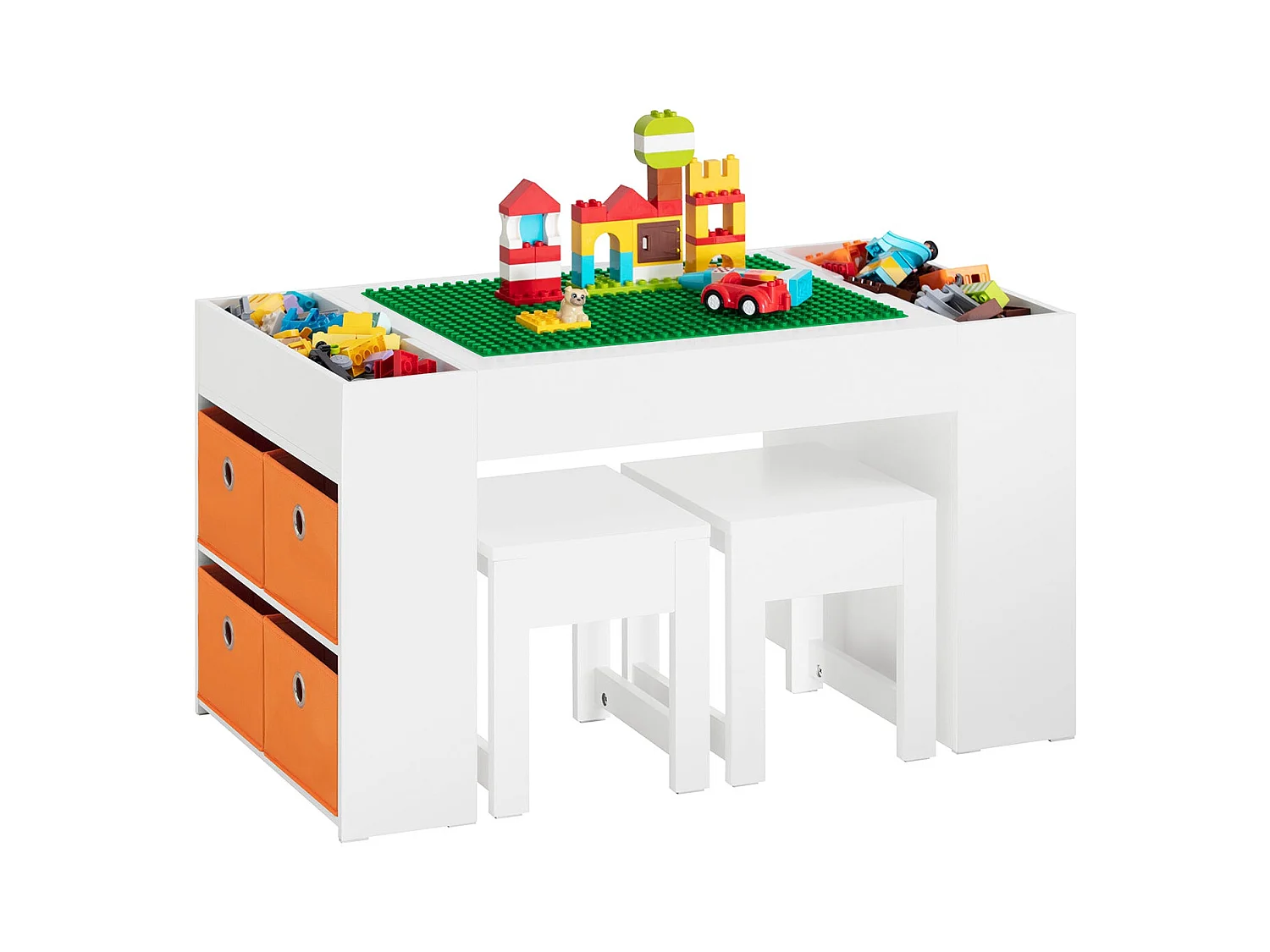 SoBuy KMB75-W Table Enfants avec 2 Tabourets, Ensemble de Table de Construction Enfant avec 2 Tabourets, Bureau Enfant avec 8 Bac de Rangement