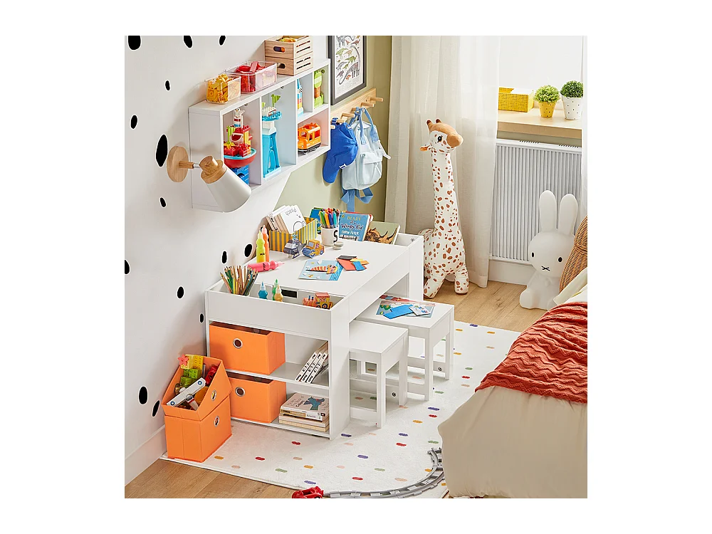 SoBuy KMB75-W Table Enfants avec 2 Tabourets, Ensemble de Table de Construction Enfant avec 2 Tabourets, Bureau Enfant avec 8 Bac de Rangement