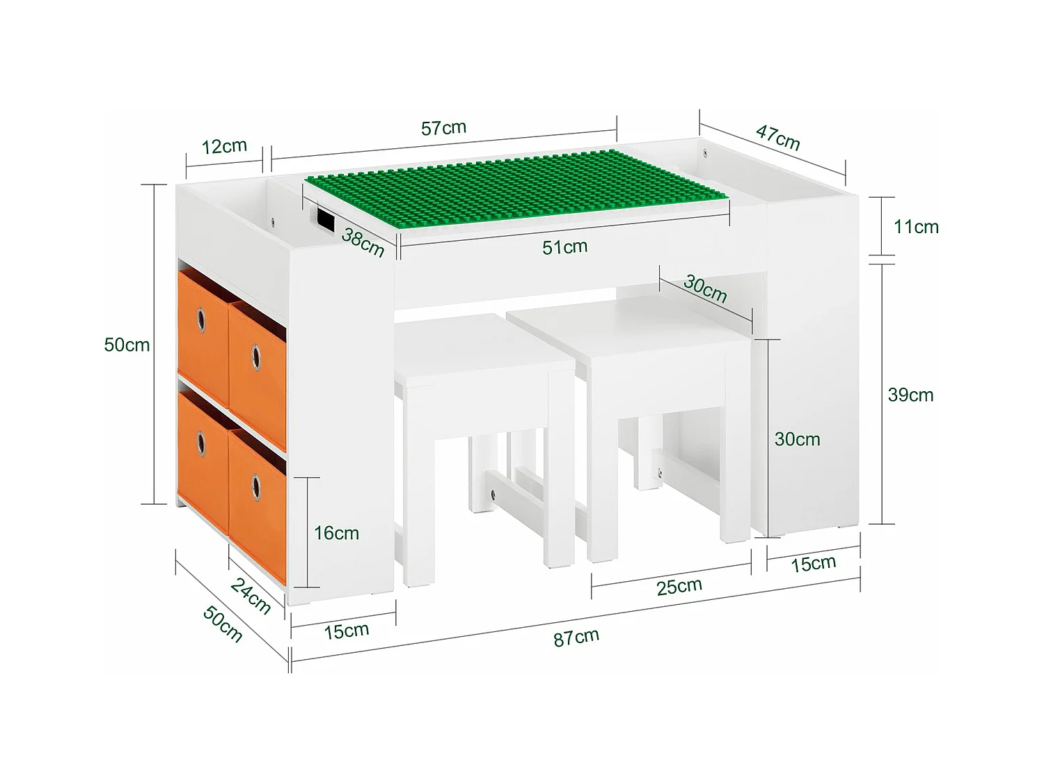 SoBuy KMB75-W Table Enfants avec 2 Tabourets, Ensemble de Table de Construction Enfant avec 2 Tabourets, Bureau Enfant avec 8 Bac de Rangement