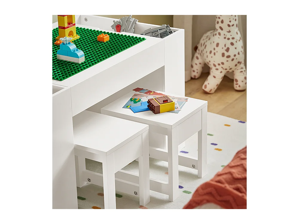 SoBuy KMB75-W Table Enfants avec 2 Tabourets, Ensemble de Table de Construction Enfant avec 2 Tabourets, Bureau Enfant avec 8 Bac de Rangement