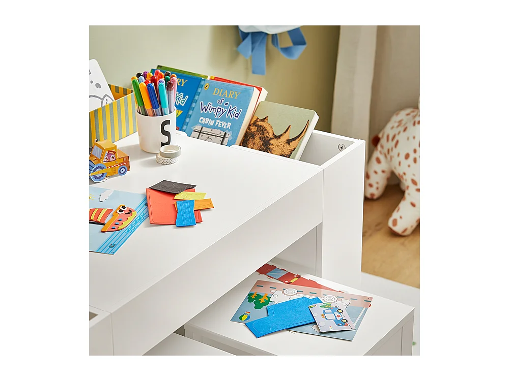 SoBuy KMB75-W Table Enfants avec 2 Tabourets, Ensemble de Table de Construction Enfant avec 2 Tabourets, Bureau Enfant avec 8 Bac de Rangement