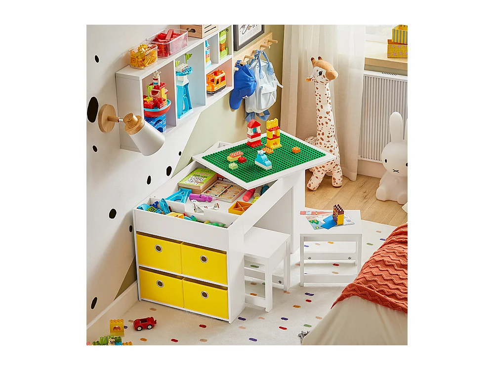 SoBuy KMB75-W Table Enfants avec 2 Tabourets, Ensemble de Table de Construction Enfant avec 2 Tabourets, Bureau Enfant avec 8 Bac de Rangement