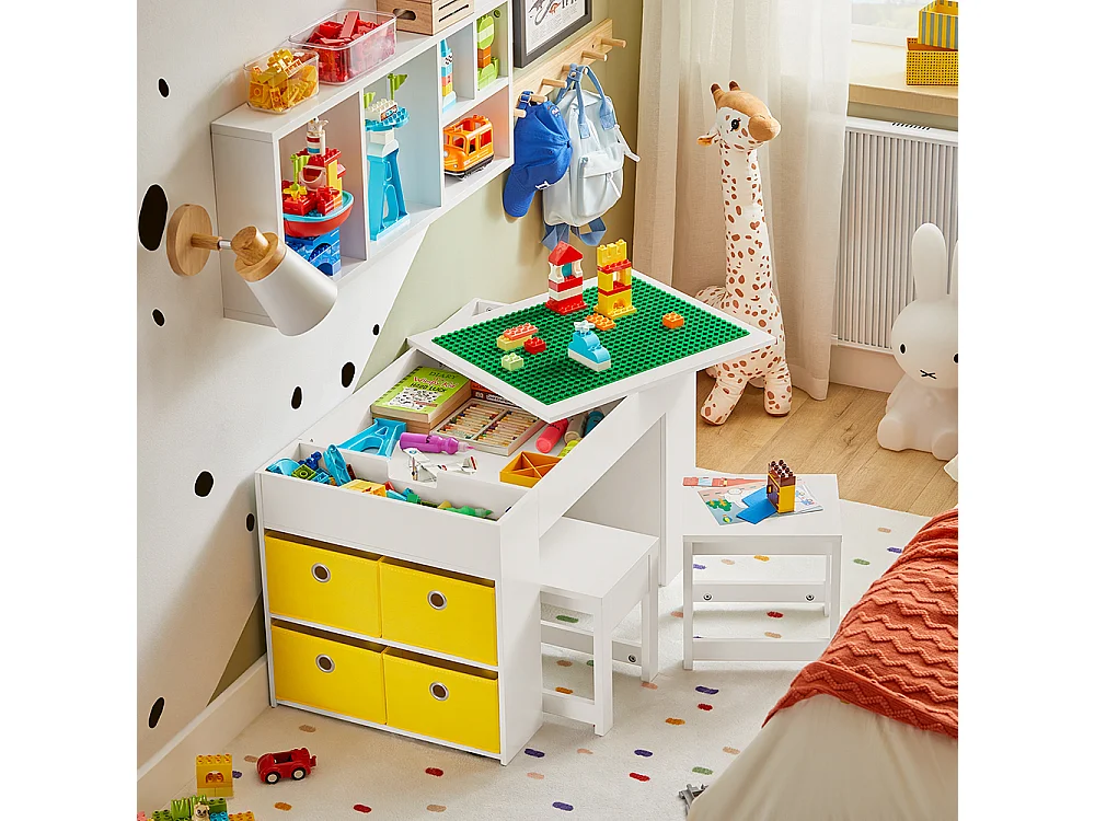 SoBuy KMB75-W Table Enfants avec 2 Tabourets, Ensemble de Table de Construction Enfant avec 2 Tabourets, Bureau Enfant avec 8 Bac de Rangement