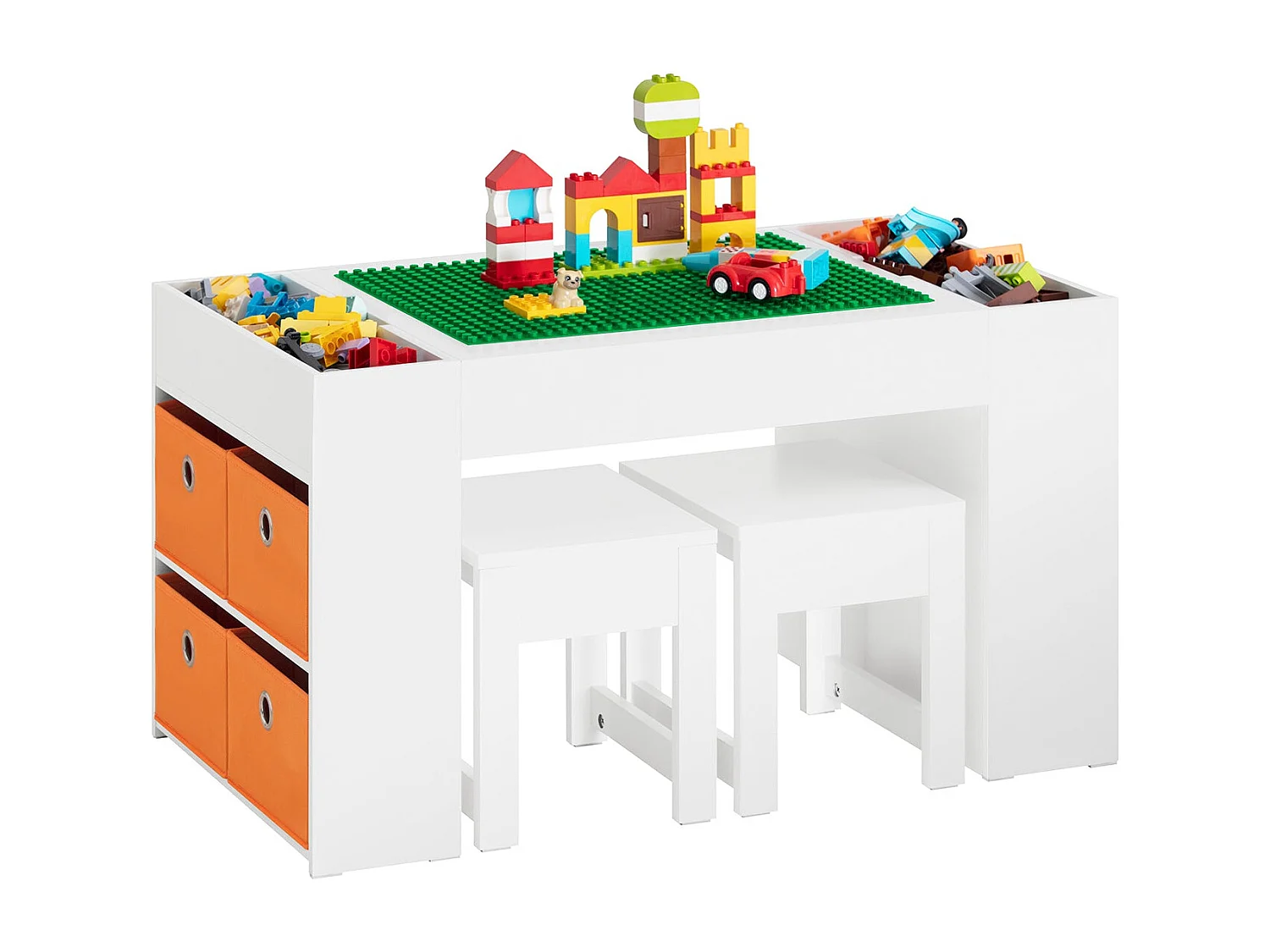 SoBuy KMB75-W Table Enfants avec 2 Tabourets, Ensemble de Table de Construction Enfant avec 2 Tabourets, Bureau Enfant avec 8 Bac de Rangement