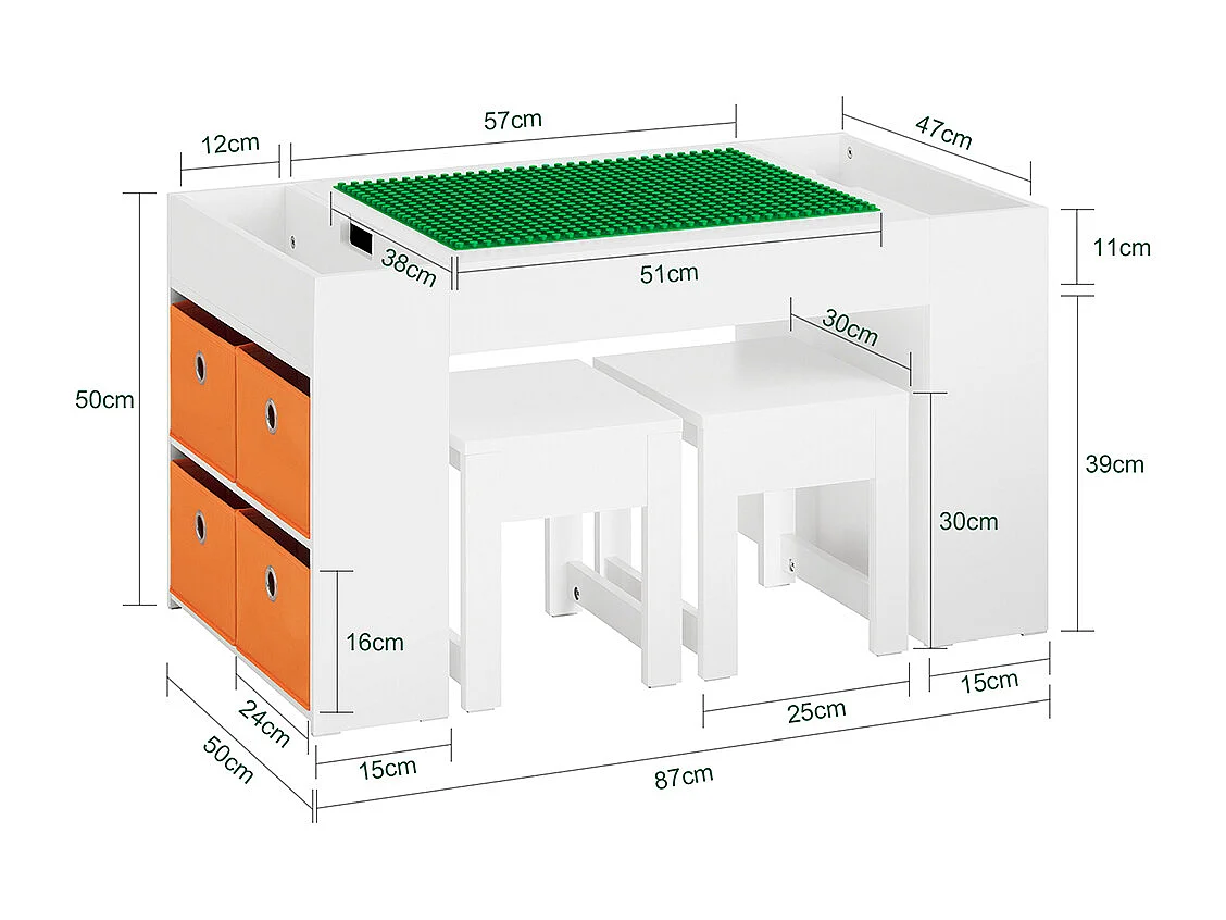 SoBuy KMB75-W Table Enfants avec 2 Tabourets, Ensemble de Table de Construction Enfant avec 2 Tabourets, Bureau Enfant avec 8 Bac de Rangement