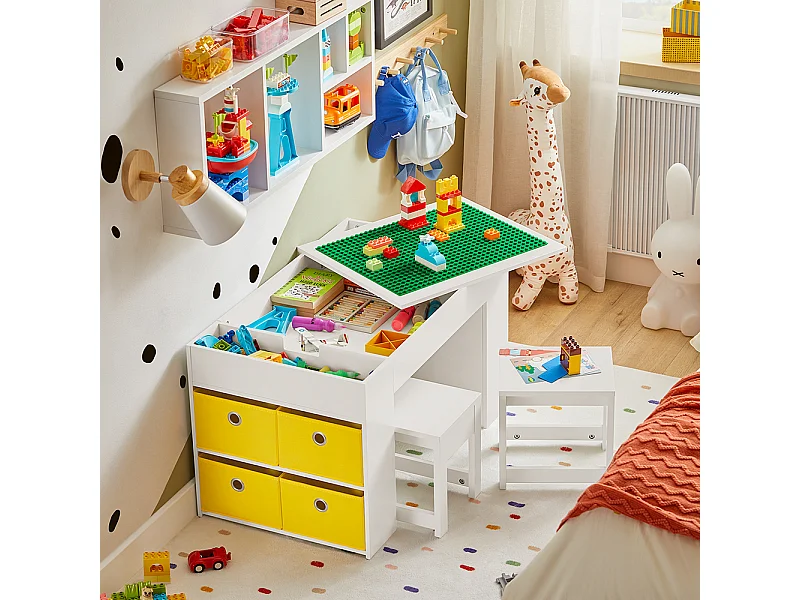 SoBuy KMB75-W Kindertafel met 2 krukken, kinderbouwtafelset met 2 krukken, kinderbureau met 8 opbergbakken