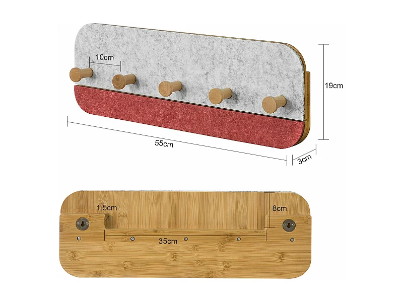 Półka na ścianę z 5 haczykami, Wieszak FHK16-R